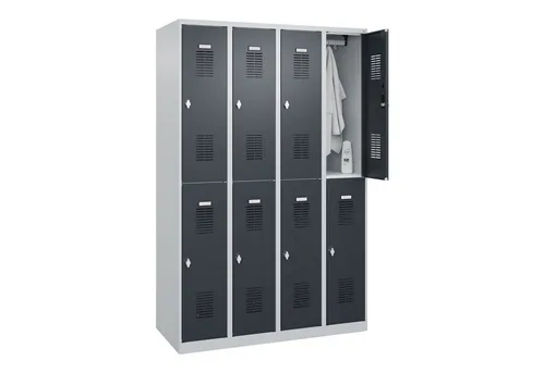 CP-Möbel Spind Basis PLUS, anthrazit, 4 Abteile - Büromöbel mit 4 Abteilen und 8 Fächern, ideal für die optimale Aufbewahrung von persönlichen Gegenständen. Stabile Stahlkonstruktion mit hochwertiger Pulverbeschichtung und sicherem Drehriegelschloss.