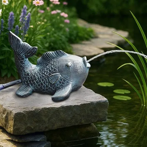Fisch Karpfen Wasserspeier solarbetrieben – Teichfigur mit Solarpumpe