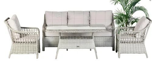 4-teiliges Garten Lounge Set Eleganz in Grau - Vielseitiges Lounge Set aus Rattan, bestehend aus Sofa, Sesseln und Couchtisch. Pflegeleicht und modern, ideal für bis zu 4 Personen. Inklusive Kissen für zusätzlichen Komfort.