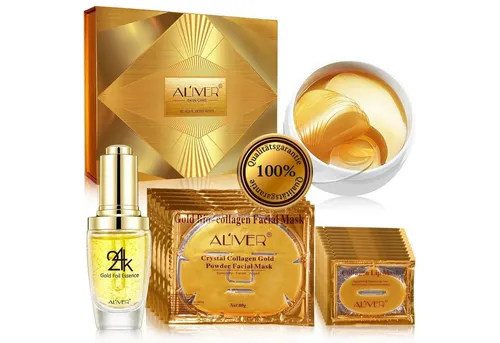 ALIVER Gesichtspflege-Set Crystal Gold - 24K Gold Maske & Augenpads - Tagescremes für alle Hauttypen, enthält hochwertige 24K Gold Essenz und Hydrogel-Augenpads für eine intensive Feuchtigkeitsversorgung und strahlende Haut.