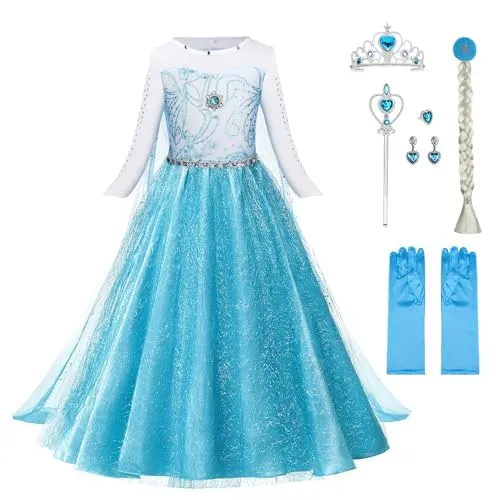 URAQT Kinder Prinzessin Kostüm 6-teiliges Set - Exquisites 6-teiliges Prinzessinnenkostüm mit Kleid, Krone, Handschuhen und Zauberstab. Hochwertige, hautfreundliche Materialien für Komfort und Stil. Ideal für Karneval, Halloween und Rollenspiele.