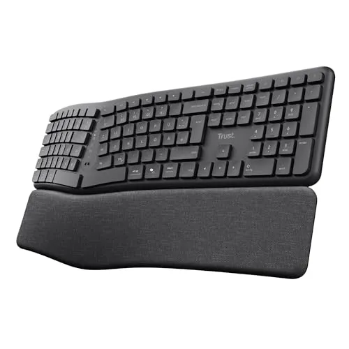 Trust Arvia Leise Ergonomische Tastatur Kabellos Deutsches Layout (QWERTZ) | Bluetooth + 2.4GHz USB Empfänger, Handballenauflage, Multigeräte Funktastatur, Split Keyboard für PC Laptop Mac, Schwarz