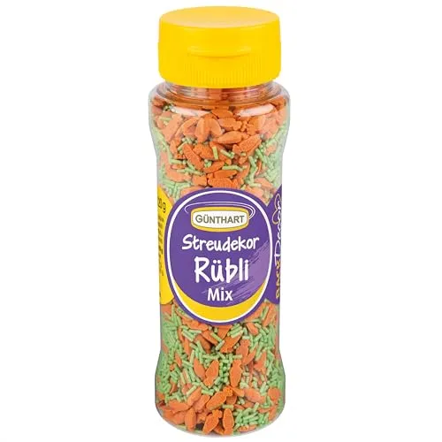 Günthart BackDecor 120 gr Rübli Mix Streudekor in praktischer Dose mit orangen Rübli und grünem Streusel, 1er Pack (120 gr)