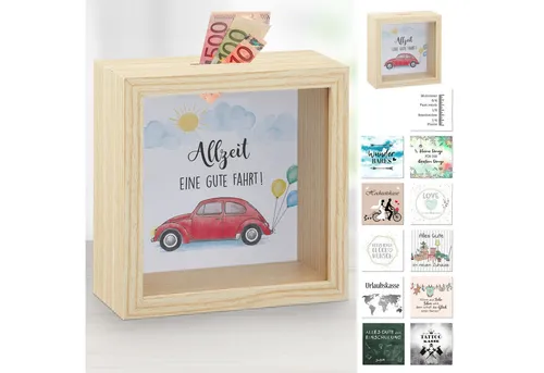 CEPEWA Spardose Spardose 12 Einleger-Motive 14,5x14,5x6,5cm MDF Glas naturfarben