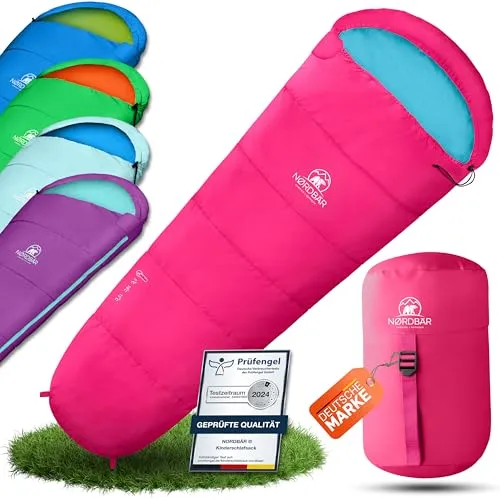 NORDBÄR® Kinderschlafsack für Jungs & Mädchen bis 145 cm - Mumienschlafsack für Kinder, leicht und warm mit 100% Baumwolle Innenfutter. Ideal für Camping und Reisen, kompakt und platzsparend im mitgelieferten Beutel.