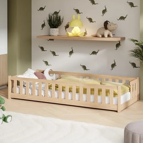Kids Collective Kinderbett Bodenbett mit Rausfallschutz & Lattenrost Montessori Bett Bed Gitterbett Kinder Jugendbett Einzelbett | 80x160 cm | Natur