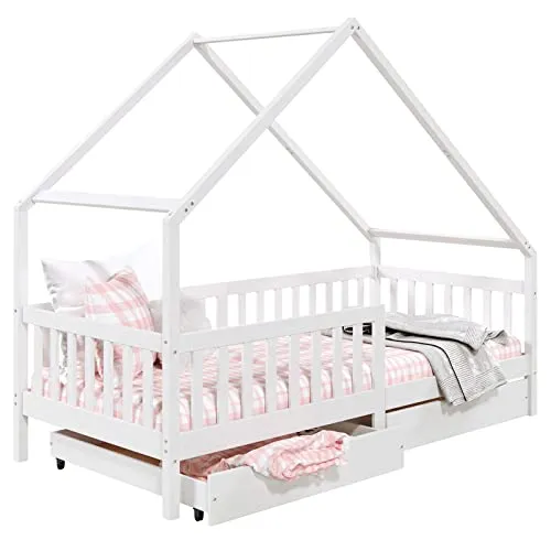IDIMEX Kinderbett ALVA - Hausbett Montessori 90 x 200 cm - Betten: Stilvolles Hausbett aus massivem Kiefernholz mit 2 praktischen Schubladen für zusätzlichen Stauraum.