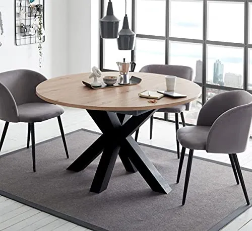 Esstisch Big System Rund Stern 110 - Ausziehbar in Schwarz-Asteiche - Esszimmertisch 110x78 cm, ausziehbar auf 150 cm, ideal für 4-7 Personen. Melaminbeschichtete Spanplatten bieten Langlebigkeit und elegantes Design.
