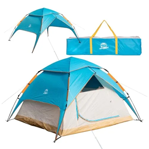 Automatik- Campingzelt Pop-Up Zelt 3-4 Personen 2 in 1 Campingzelt und Pavillon/Sonnenschutz – doppelwandig, wasserdicht, Winddicht, Fluoreszierende Abspannleine, verstärkte Heringe inkl. Tragetasche