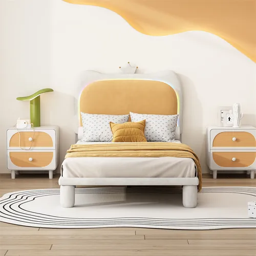 Polsterbett Einzelbett mit Cartoon Krone und LED-Streifen 90x200cm