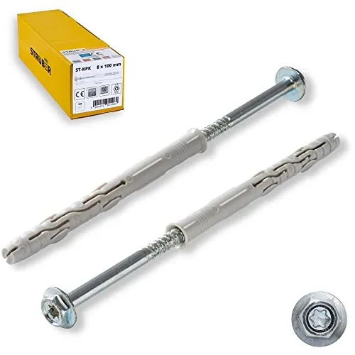 STRÜBER Rahmendübel mit Sechskantschraube & Scheibenkopf mit SW/TX-Buchse (10x160 mm / 50 Stück) Torx - Fensterrahmendübel - Langschaftdübel - Wandrahmenbefestigung - Nylondübel - ETA Zulassung