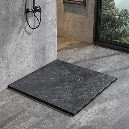 Duschwanne 90x90 cm SMC Brausewanne Schwarz Steinoptik Antirutsch Duschtasse Höhe 3,2 cm Niedrige Schwelle Extraflach Brausetasse