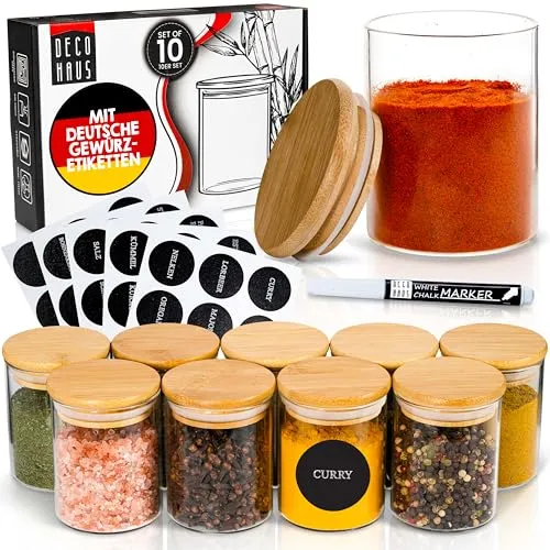 Deco haus® Gewürzgläser rund luftdicht mit Holzdeckel 10er Set [+Etiketten] - Gewürzdosen Set Glas - Gewürzbehälter Spice Jars Set - Gewürze Aufbewahrung - Behälter für Gewürze - Gewürzaufbewahrung