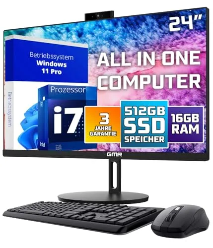 GMR All in One Desktop Computer mit i7 | 24 Zoll Display - Tastatur & Maus | 3 Jahre Garantie | 16 GB RAM | 512GB SSD | USB 3 | Windows 11 PRO | Webcam | WiFi + BT