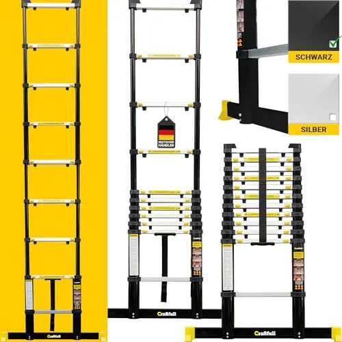 CRAFULL Aluminium Teleskopleiter CF-101A - 4,4 Meter Black Edition - Stehleiter mit 3 Jahren Garantie, integriertes Finger-Protection-System und bis zu 150 kg Tragkraft – ideal für sichere Arbeiten in jeder Höhe.