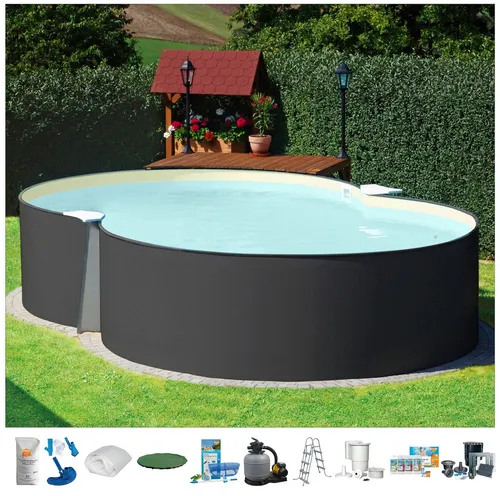 KONIFERA Achtformpool PALMA 2 - Komplett-Set, 10-tlg. in verschiedenen Größen - Swimmingpools, hochwertiges Stahlwandbecken mit sandfarbener Innenfolie, inklusive Sandfilteranlage und umfangreichem Zubehör für sofortigen Badespaß.
