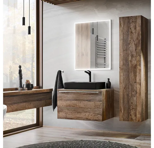 Lomadox Badmöbel-Set PUEBLA-56 - Badmöbel-Set aus Eiche mit Waschtischunterschrank, Keramik Waschbecken und Spiegel – modernes Design und praktische Selbstmontage für Ihr Badezimmer.