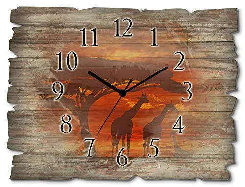 ARTland Holz Wanduhr Funkuhr - Giraffen im Sonnenuntergang - Wohnaccessoires mit einzigartigem Design: Lautlose Funkuhr aus Birkenholz (40x30 cm) mit freischwebender Optik, ideal für Küche oder Wohnzimmer.