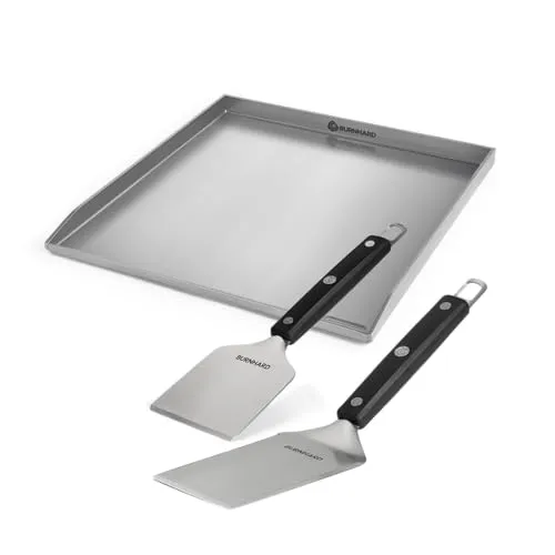 BURNHARD Edelstahl Plancha Set Fred 41,5 x 40,0 cm mit 2-tlg. Grillspachtel und Grillschaber Set
