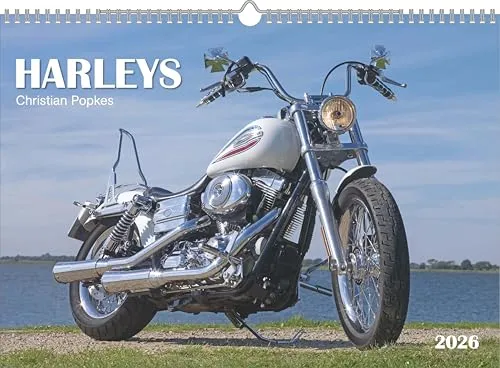 N Neumann - Harleys 2026 – Wandkalender A3 (42x30 cm) mit 12 Monatsblättern, 4-sprachigem Kalendarium & Spiralbindung, Motorrad-Kalender für Fans & Sammler