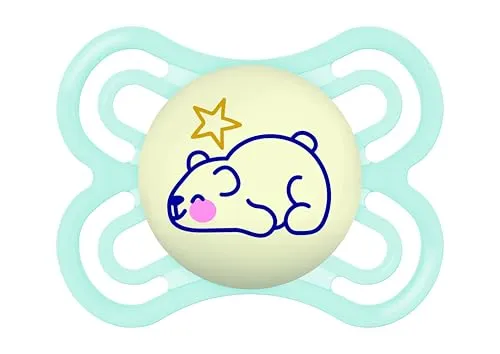 MAM Schnuller, der im Dunkeln leuchtet, 2-6 Monate, symmetrischer Sauger, flach, extra dünn und flexibel, aus Silikon, leicht anzunehmen, mit selbststerilisierender Box, MAM Perfect, Hellblau, 1 Stück