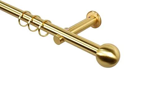 Gardinenstange in Messing Optik 16 mm mit Endstück Kugel, Vorhangstange aus Metall mit Gardinenringen, Set zur Wandmontage mit 1 Schraube pro Wandhalter, 240 cm (2 x 120 cm)