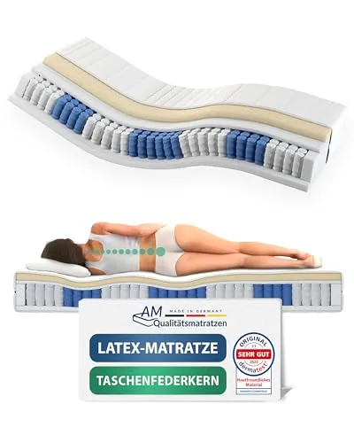 AM Qualitätsmatratzen Latex-Taschenfederkernmatratze 80x200 cm - H3 - Taschenfederkernmatratze mit 7-Zonen-System für optimale Druckentlastung, feuchtigkeitsregulierender Bezug und 30 Nächte Probeschlafen – Made in Germany!