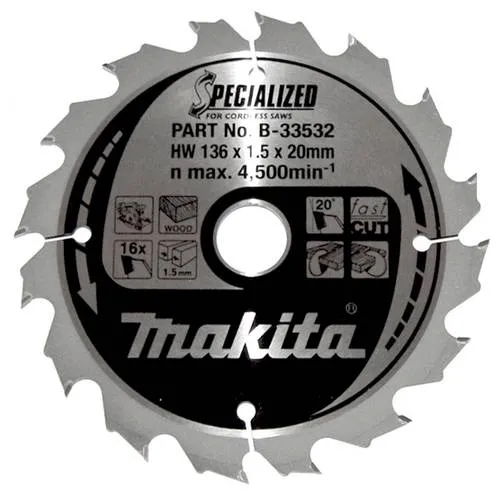 Makita SPECIALIZED B-33532 Hartmetall Kreissägeblatt 136 x 20 x 1mm - Zubehör Elektrowerkzeuge mit 16 Zähnen für präzise Schnitte in Holz. Ideal für Akku-Handkreissägen – schont Akku und Motor, lange Lebensdauer.