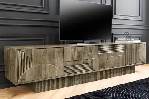 riess-ambiente Lowboard ART DECO 200cm grau – Massiv-Mangoholz, stilvolles TV-Board - Elegantes Lowboard aus Massiv-Mangoholz in grau, mit 3D-Front und viel Stauraum. Ideal für moderne Wohnräume, fertig montiert und pflegeleicht.