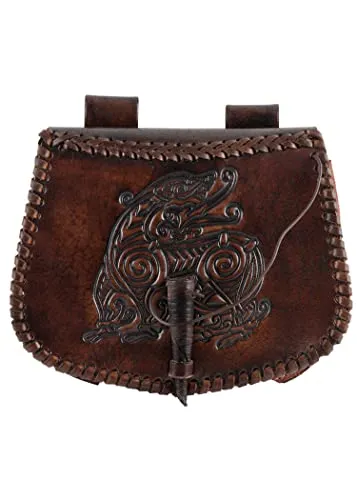 Battle-Merchant Mittelalter Gürteltasche mit Drachen-Prägung - Mode-Hüfttaschen: Hochwertige Ledertasche aus edlem Rinderleder mit Drachen-Prägung, ideal für Festivals und Mittelalter-Events, sicher am Gürtel zu tragen.