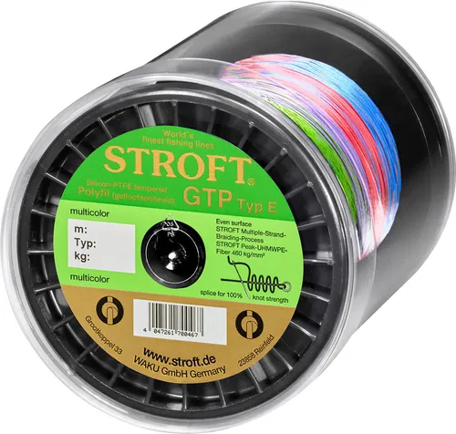 Stroft GTP Typ E geflochtene Schnur multicolor 2000m 7,50kg - Die Stroft GTP Typ E Schnur bietet eine gleichmäßige Oberfläche und ist leise beim Wurf. Ideal für Sportfischer, die Wert auf Qualität legen. Erhältlich in verschiedenen Farben, darunter multicolor mit praktischen Markierungen.
