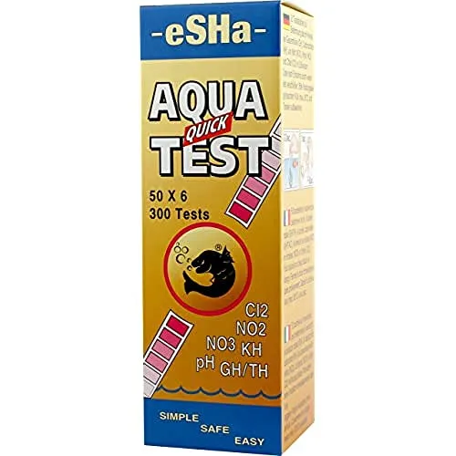 eSHa AQUA-QUICK-TEST - Wassertest - pH (Säuregrad), KH (Karbonathärte), GH (Gesamthärte), NO2 (Nitrit), NO3 (Nitrat) und Cl2 (Chlor) - 50 Teststreifen pro Tube