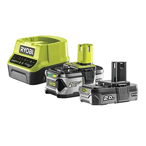 RYOBI 18 V ONE+ Akku-Starter-Set RC18120-242 - Werkzeugakkus für über 200+ Geräte; mit IntelliCell™ Technologie für längere Laufzeit und Lebensdauer, inkl. 2 Akkus und Schnellladegerät.