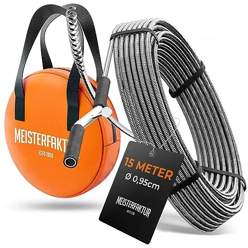Meisterfaktur Rohrreinigungsspirale 3.0 - 15m für effektive Abflussreinigung - Rohrreinigungswellen mit Videoanleitung, ideal für Heimwerker. Über 15 Meter lang, bricht hartnäckige Blockaden ohne Chemikalien!
