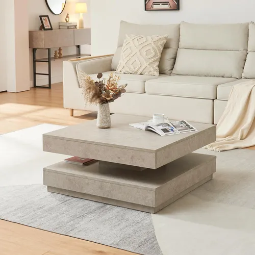 [en.casa] Couchtisch Florenz – Quadratischer Wohnzimmertisch mit Stauraum und drehbarer Tischplatte - Beistelltische fürs Wohnzimmer: Moderner Couchtisch in Betonoptik mit drehbarer Platte für einfachen Zugriff auf Snacks und Bücher – stilvoll und praktisch zugleich.