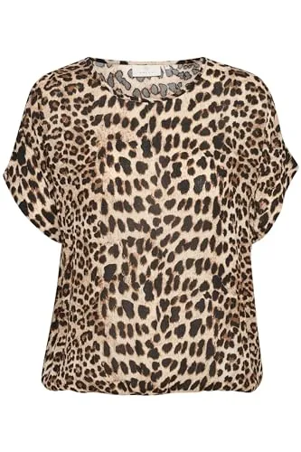 KAFFE Ärmellose Bluse KAamber Damen Bluse Kurzarm Print Shirt Rundhals Locker Oberteile Fledermaus Classic Leopard 36