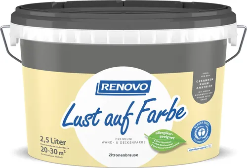 Renovo Lust auf Farbe, Zitronenbrause Matt 2,5 L - Innenfarbe in Zitronenbrause Matt, ideal für alle Zimmer. Hohe Deckkraft und schnelltrocknend nach nur 6 Stunden für ein schnelles Farb-Update.