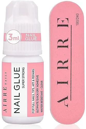 Superstarker Nagelkleber für Acrylnägel, Nagelspitzen & Aufdrücknägel (3ml) AIRRE Präzisionsspitzen-Nagelkleber & Feile zum Aufkleben von Kunstnägeln, Reparaturkleber für kaputte Nägel