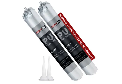 DICHTON Dichtstoff D.35W PU Abdichtung Fugendichtmasse, kunstharzgebunden, gebrauchsfertig, (elastische 1K Polyurethan Fugenabdichtung, Haftung auf Beton, Fliesen, Alu, Stahl, Glas, Kunststoff ©, 2-tlg., PU Abdichtung & Klebstoff), Dichtstoff in grau UV-stabil & lösemittelfrei