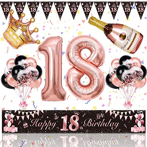 18. Geburtstag Deko Mädchen, Magiccute Geburtstagsdeko Mädchen Frauen Lange Happy Birthday Banner Girlande Wimpel und Schwarz Rosegold Konfetti Luftballons Deko Set