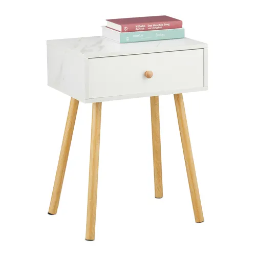 Relaxdays Nachttisch Marmoroptik & Holzbeine - Nachtkonsole in edler Marmoroptik mit praktischer Schublade für Stauraum. Ideal für Schlafzimmer, Flur oder Wohnzimmer. Stilvolles Design und vielseitig einsetzbar.