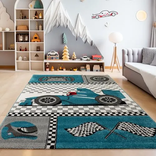 SIMPEX Teppich Kinderzimmer Rennwagen Design Blau Kurzflor Kinderteppich mädchen Spielteppich Modern Design Babyzimmer Teppiche für Junge und Mädchen Extra Weich 80 x 150 cm