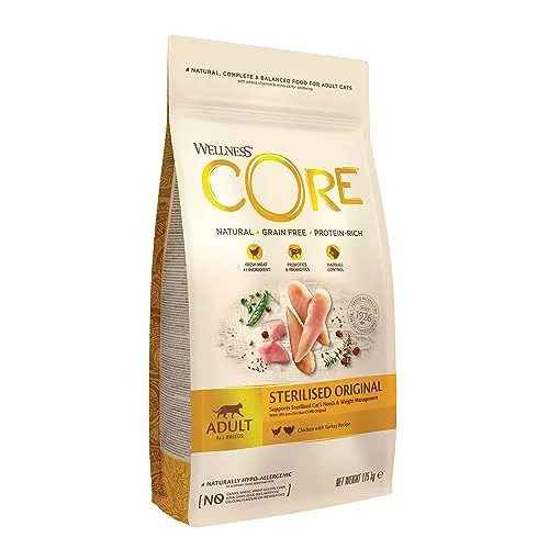 Wellness CORE Cat Adult Sterilized Chicken with Turkey - Whiskys für sterilized Katzen, reich an frischem Hähnchen und Truthahn, unterstützt optimale Gesundheit und reduziert Haarballen für ein glückliches Leben.