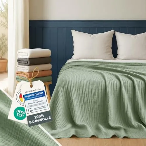 Blumtal Tagesdecke Baumwolle 200x230 cm - Oeko-TEX zertifizierte Musselin Decke - Tagesdecken in Boho-Stil aus 100% atmungsaktiver Baumwolle, leicht und pflegeleicht, ideal als Bett- oder Couchüberwurf. Erhältlich in fünf Farben und OEKO-TEX zertifiziert für unbedenklichen Komfort.