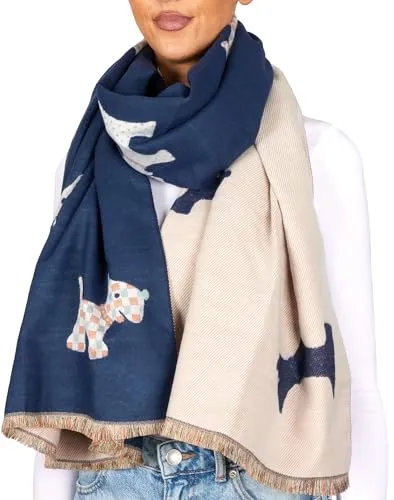 BRUBAKER Cashmirillo Damen Schal mit Hunde Muster - 70 x 200 cm - Warm und Kuschelig - Damenschal für Herbst und Winter - Herbstschal Winterschal - Weiches Kaschmir-Gefühl - Blau