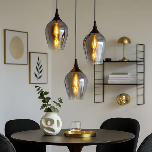 Elegante LAVUS Esszimmerlampe 3-Flammig - Lampen - Moderne Hängeleuchte aus robustem Metall mit rauchfarbenem Glas, höhenverstellbar und ideal für stilvolle Wohn- oder Arbeitsräume.