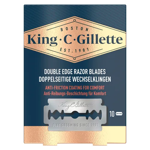 King C. Gillette Rasierklingen, 10 Stück - Rasierklingen für Herren aus rostfreiem Edelstahl mit Anti-Reibungsbeschichtung für optimalen Komfort und weniger Hautreizungen. Entwickelt für den King C. Gillette Rasierhobel.