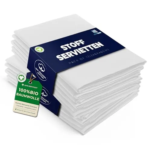 LivinEase Stoffservietten aus Baumwolle – 12 Stück Weiß Tischservietten – 100% Baumwolle, Wiederverwendbare große Stoffservietten 46 x 46 cm für den Weihnachtstisch (White)