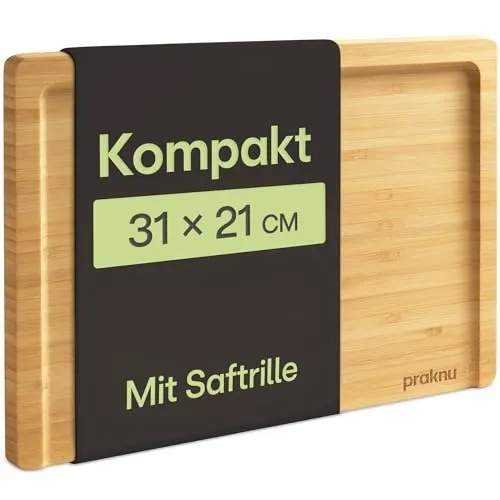 Praknu Schneidebrett aus Holz – Kompakt 31,5 x 21,5 cm – Mit Saftrille & flacher Seite – FSC® Bambus Küchenbrett für Gemüse, Fleisch & Servieren – Platzsparend & Praktisch