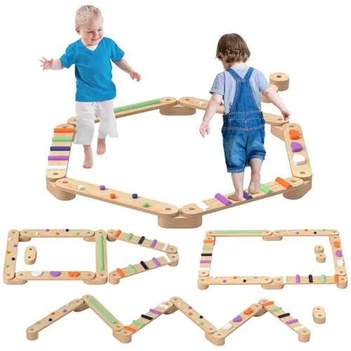 AIYAPLAY Balancierbalken Kinder, Holz Schwebebalken mit Bunte Hindernissteine, Montessori Spielzeug für Koordination und Stabilität, für 3-8 Jahre Kinder